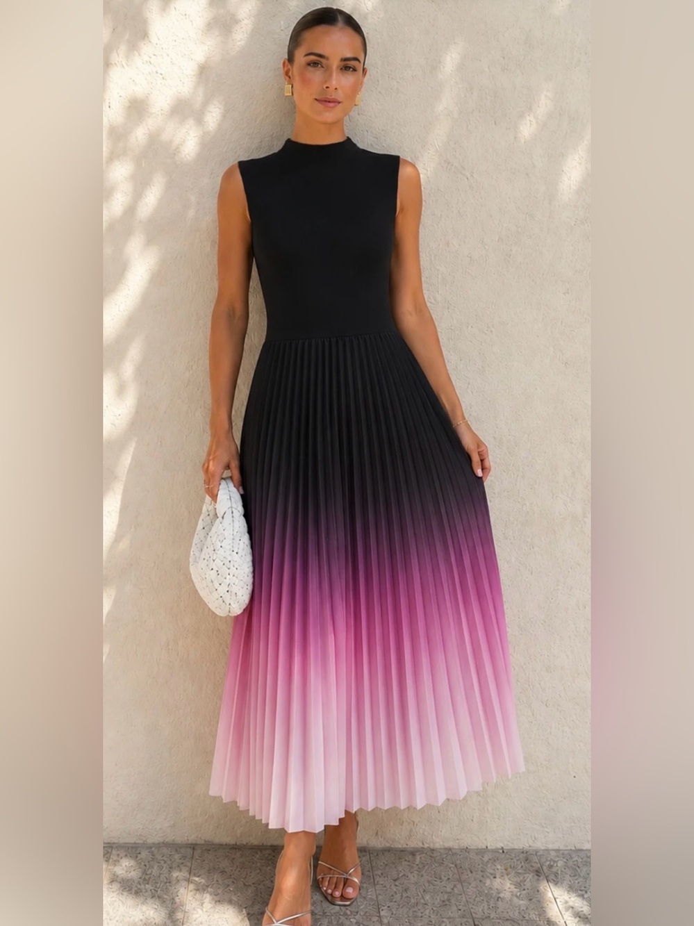 COMMENSE Pleated Ombre Gradient Midi Dress Black Purple Pink L NWT